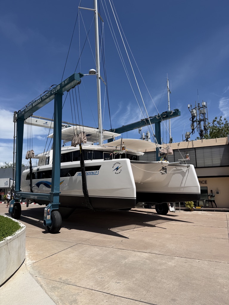 Maverick, the Island Spirit 525E electric sailing catamaran
